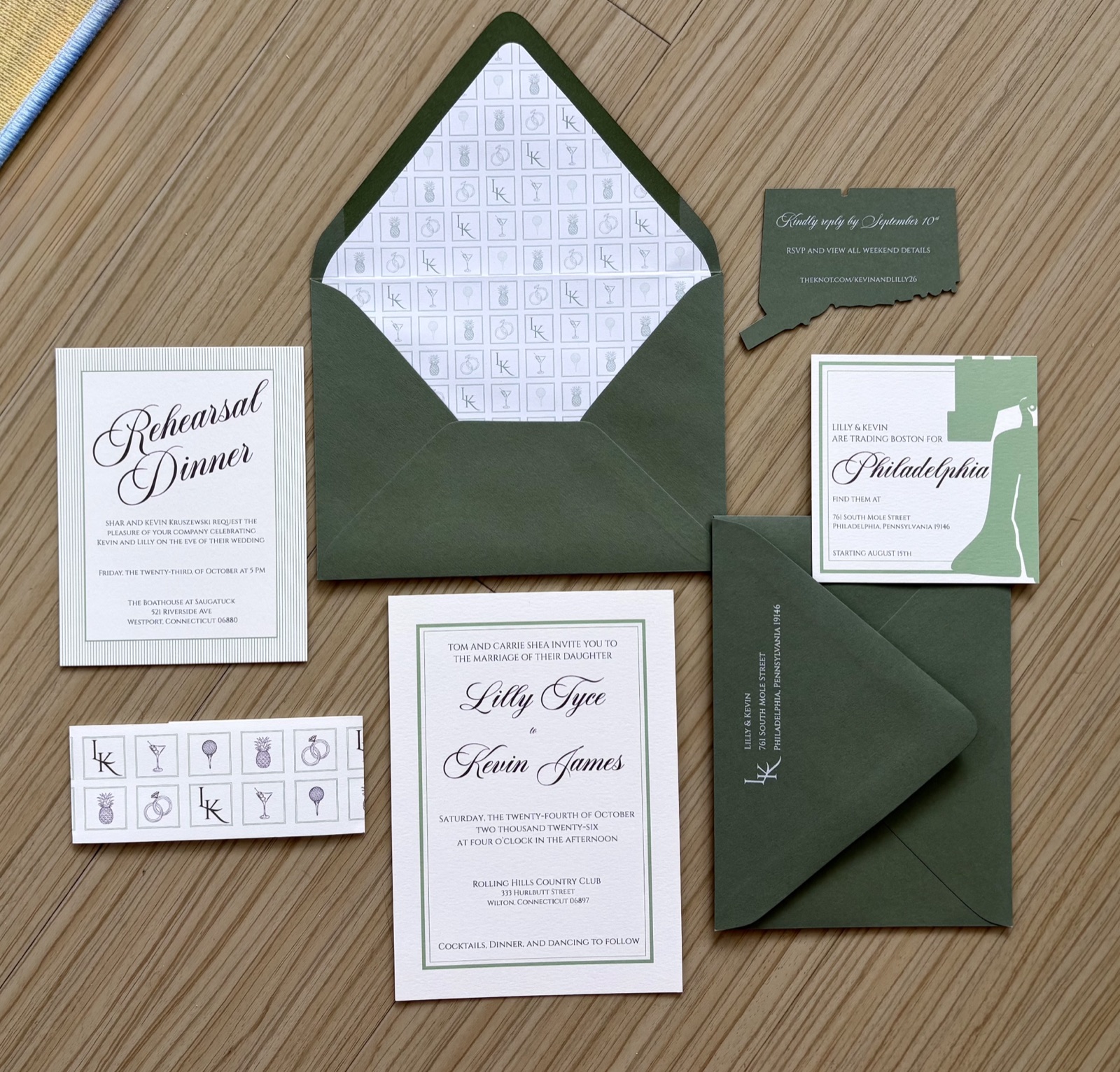 Lilly and Kevin's invitation suite with a custom stamp motif