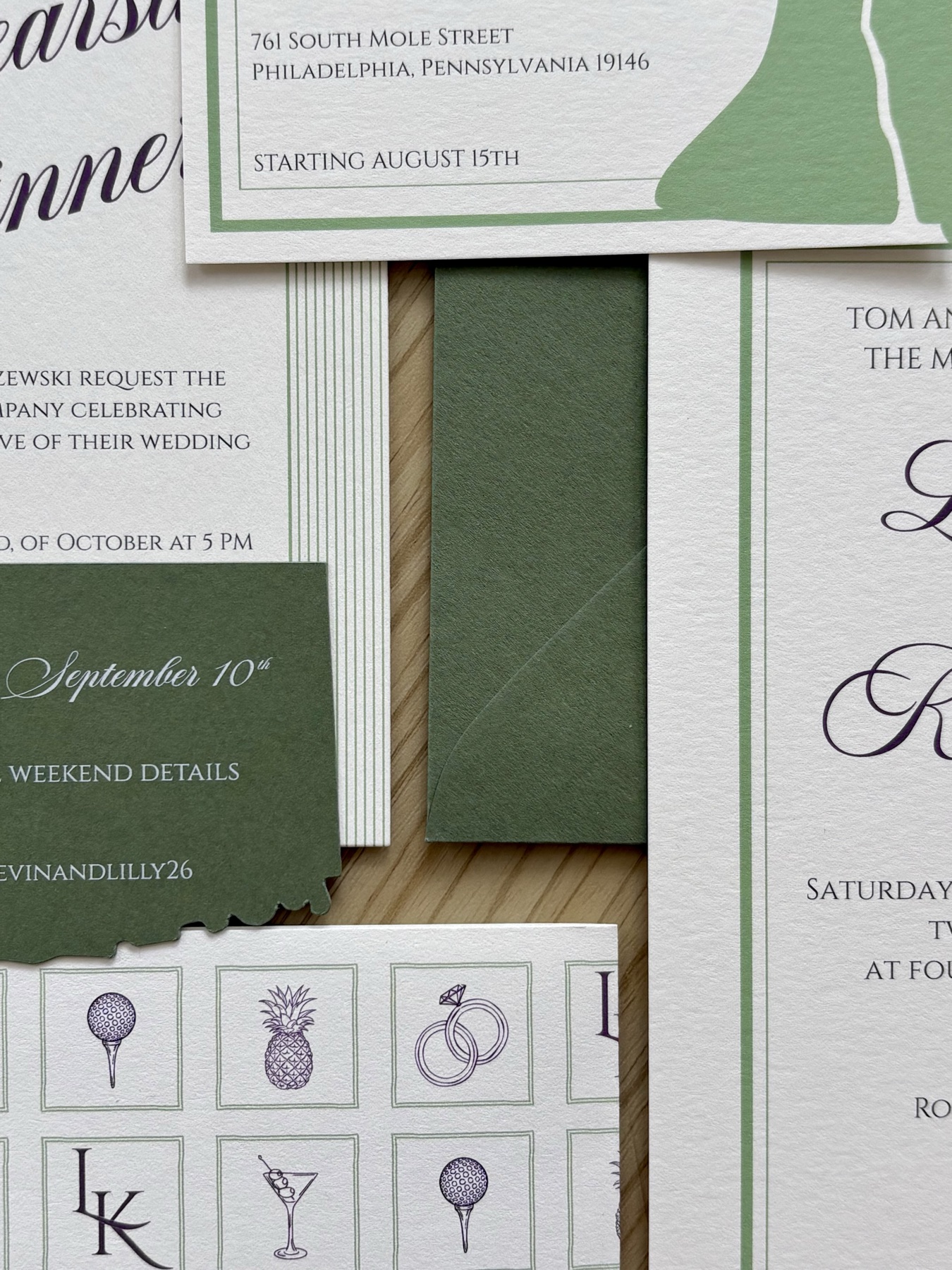 Lilly and Kevin's invitation suite with envelope