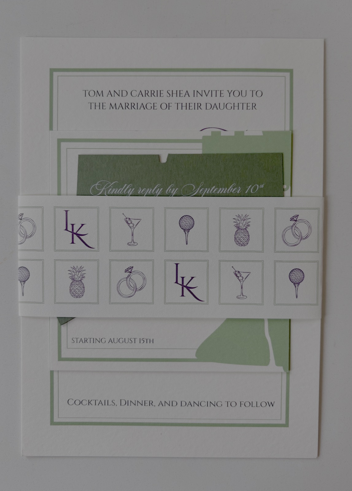 Layered Lilly and Kevin invitation suite