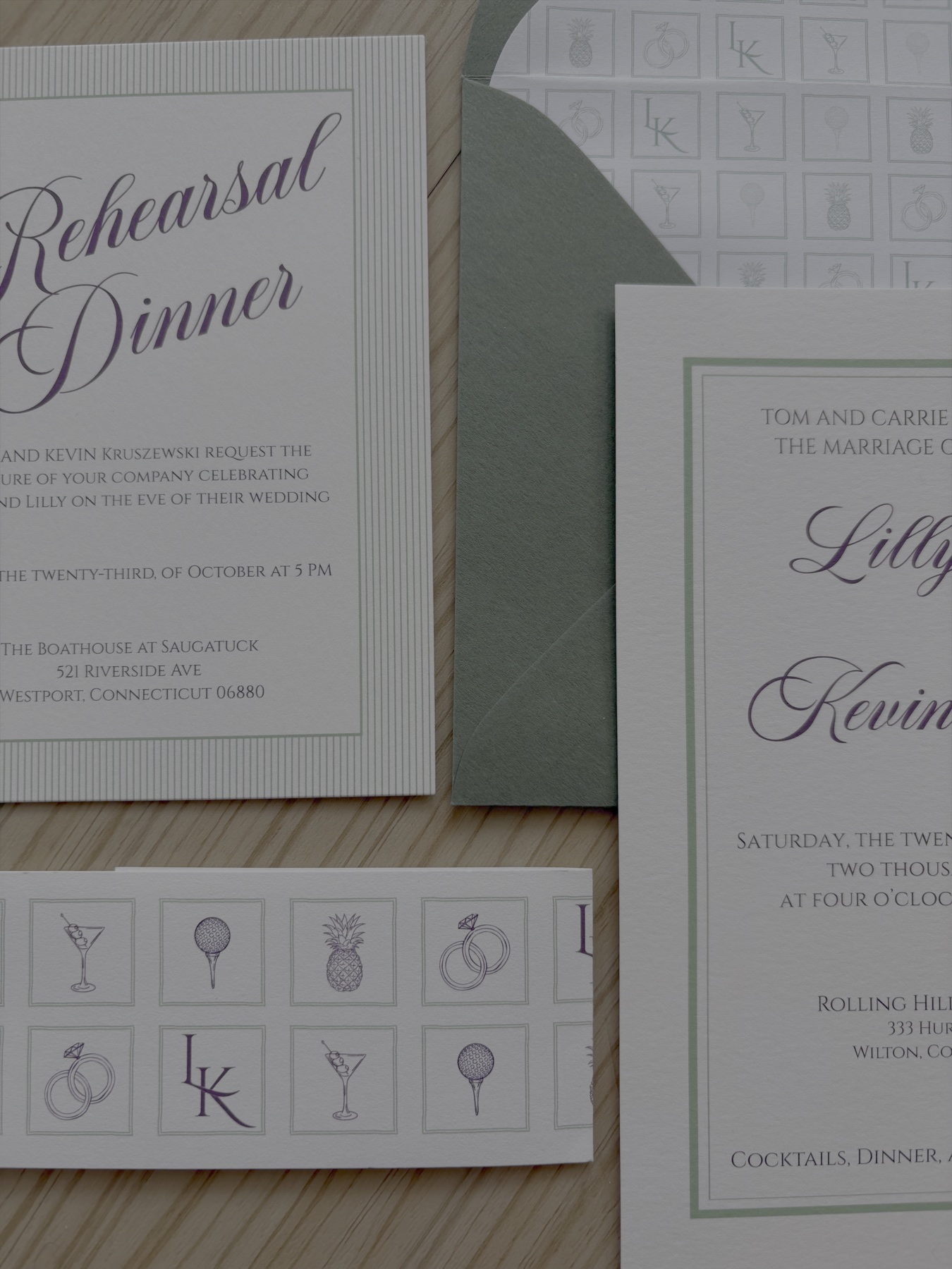 Lilly and Kevin's invitation suite with green envelope and illustrated details