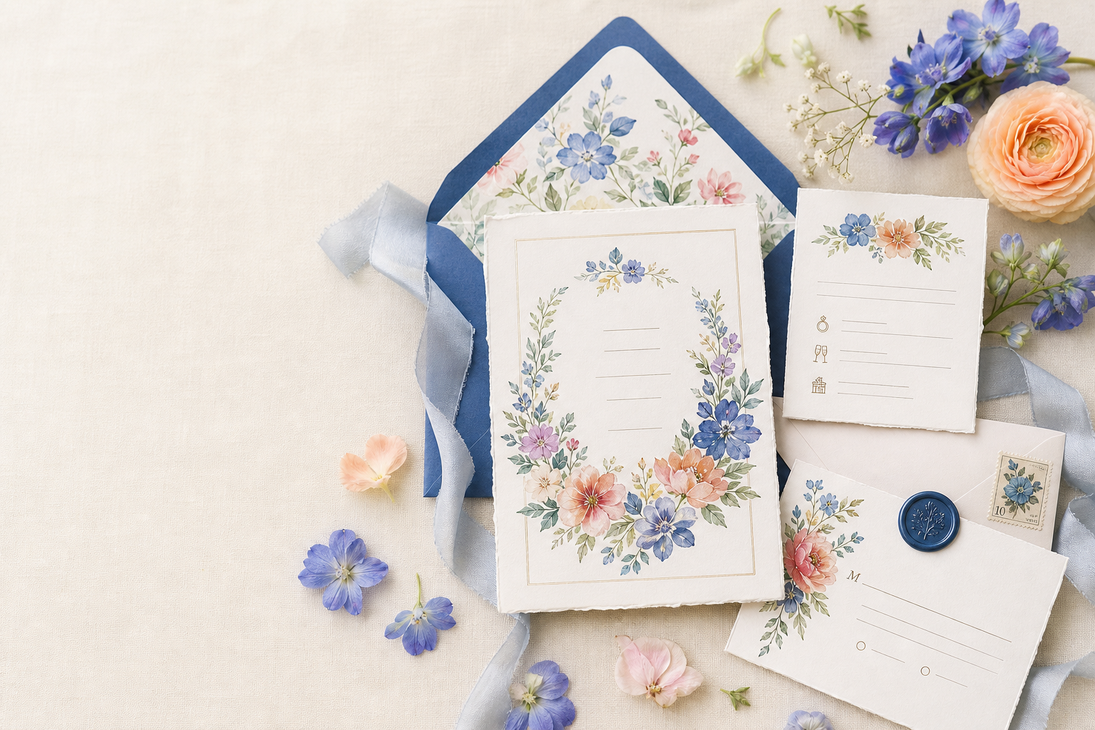 Colorful wedding invitation suite with envelopes, ribbon, florals, and vintage stamps